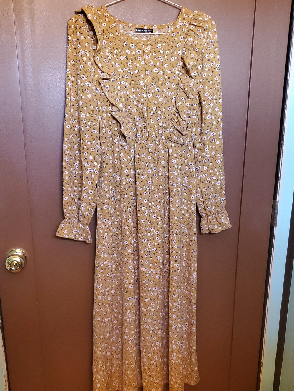 SHEIN Mustard Floral Ruffle Long Sleeve Maxi Dress